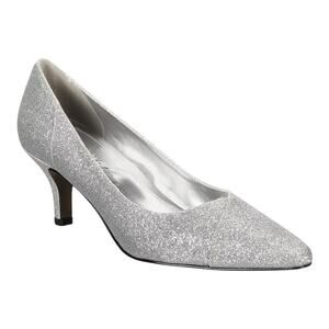 Easy Street Women's Chiffon Glitter Kitten Heel Pumps Silver Size 8